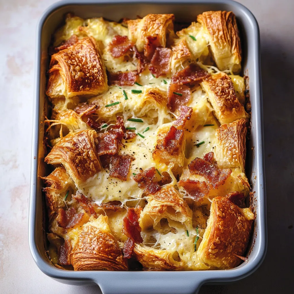 Carré de croissants gratinés au fromage et bacon tout chaud pour le matin