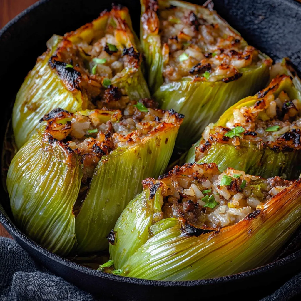 Poireaux Farcis avec Viande, Riz et Herbes Aromatiques