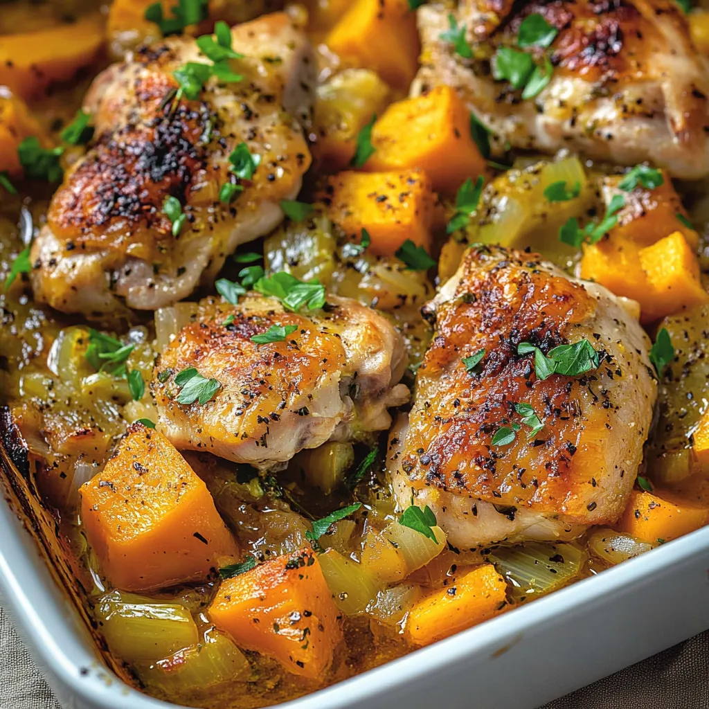 un plat réconfortant de poulet, poireaux et butternut rôtis au four,