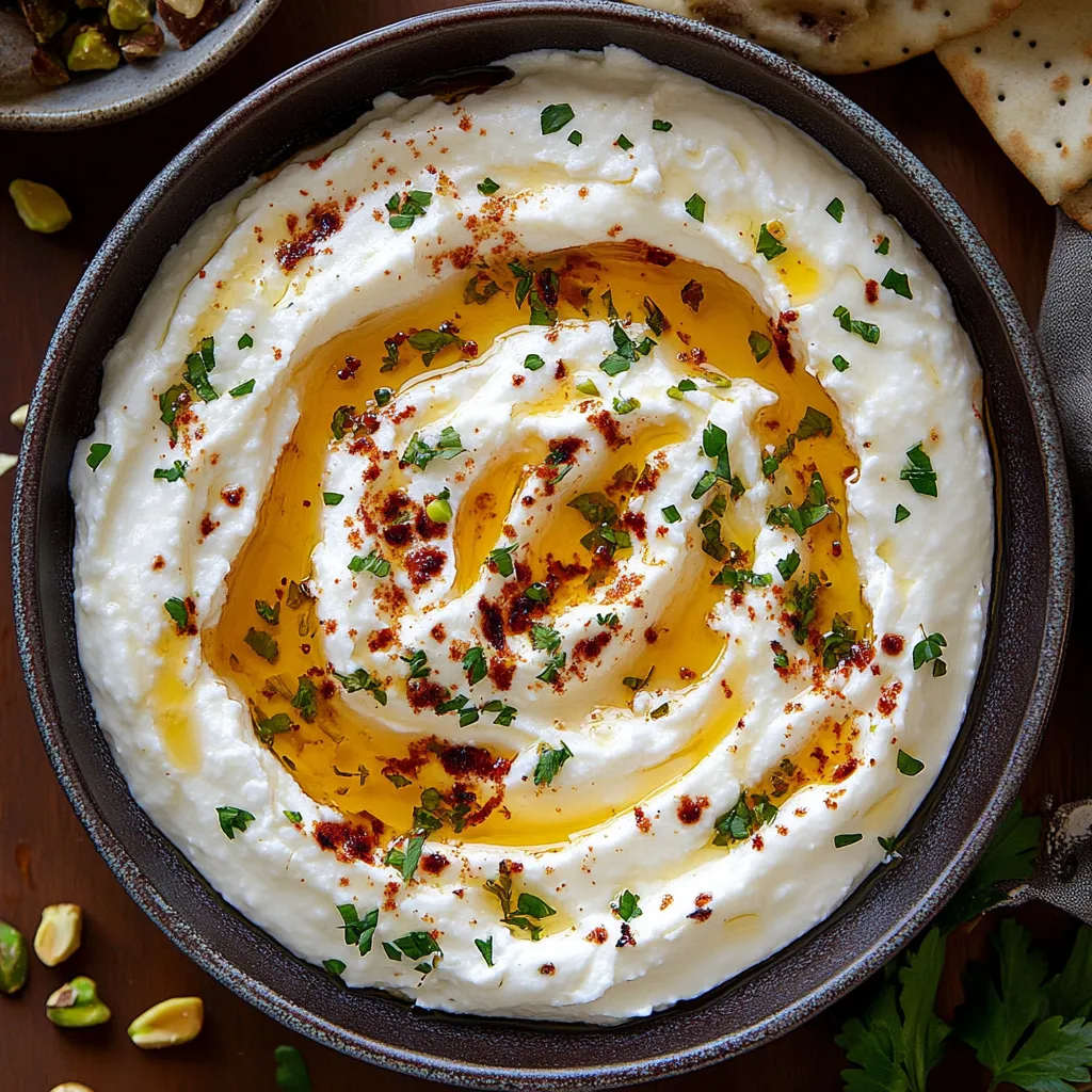 une feta fouettée onctueuse avec une touche de miel épicé, garnie de pistaches croquantes et d'herbes fraîches