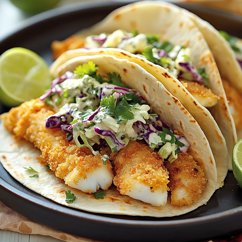 Des tacos croustillants au poisson pané, garnis d'une salade de chou fraîche au citron vert et à la coriandre