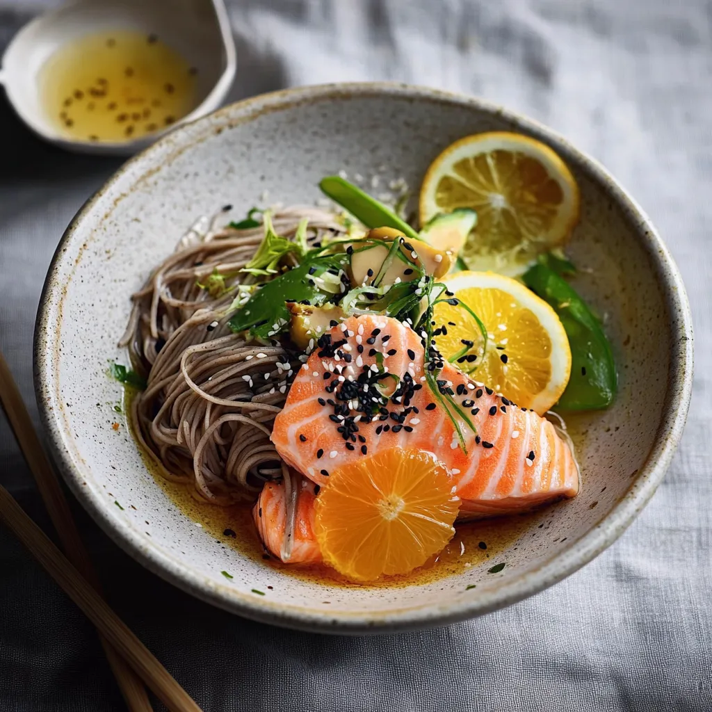Soba au Saumon, Haricots Verts et Vinaigrette aux Agrumes et Gingembre