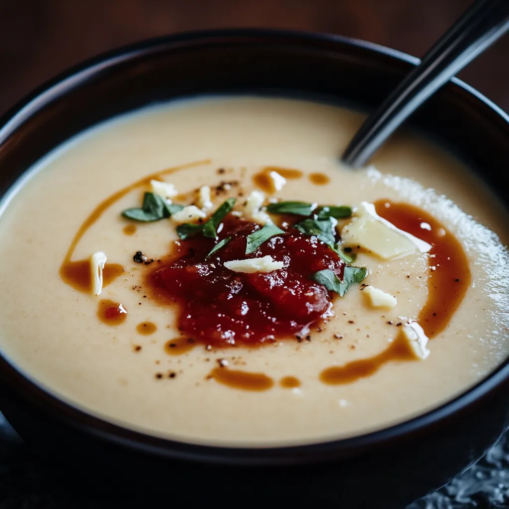 Soupe à l'Asiago, Pommes de Terre et Confiture de Tomates