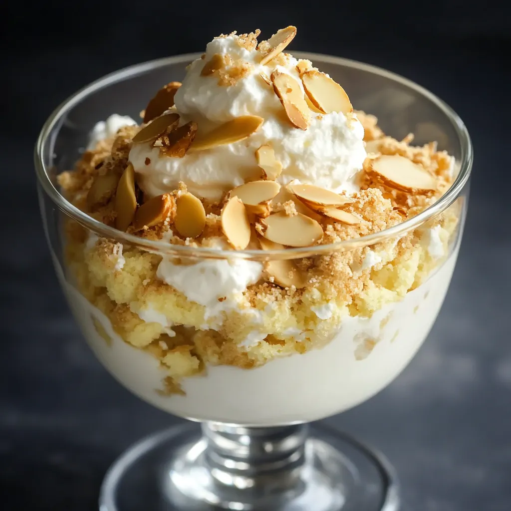 Un dessert crémeux au whisky écossais parsemé d'amandes avec des couches de biscuits émiettés.