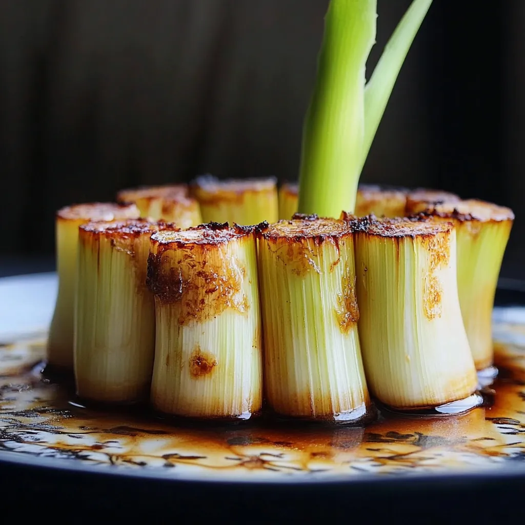 Tendre préparation de poireaux braisés dans un bouillon dashi et miso