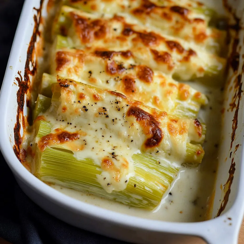 Délicieux poireaux tendres cuits au beurre puis gratinés avec une béchamel au cheddar et gruyère.