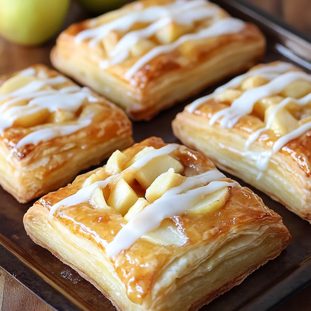 des carrés de pâte feuilletée garnis de pommes moelleuses et d'un appareil crémeux